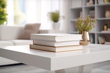 Close - up Modern white table top with free space to edit your product display with books above the living room blurred in the background