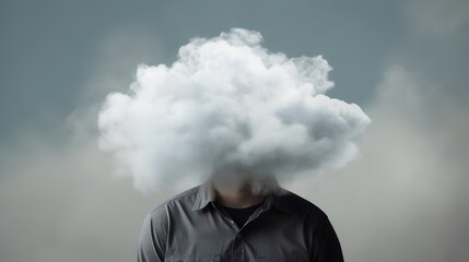 A conceptual image illustrating depression, featuring a human torso with the head obscured in a fluffy, white cloud. The feeling of being lost, isolated, or disconnected. Generative AI