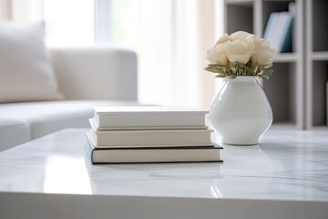 Close - up Modern white table top with free space to edit your product display with books above the living room blurred in the background