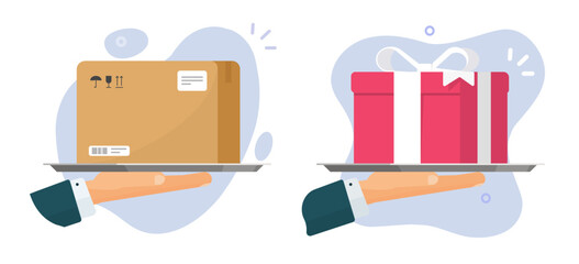 Box package parcel delivery receive hand icon vector, red gift present paper pack prize giving graphic illustration, flat order shipping courier person man, postal service image clipart