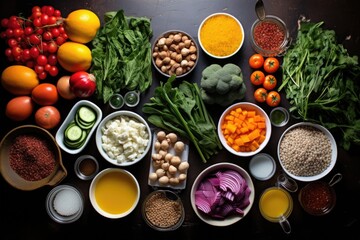 aerial view of salad ingredients on a table