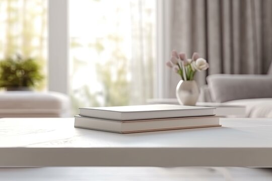 Close - up Modern white table top with free space to edit your product display with books above the living room blurred in the background