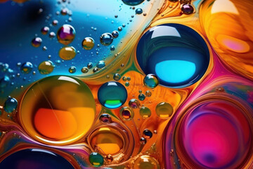 Iridescent liquid acrylic with bubbles surface. 3d background. Abstract futuristic background. Fluid neon backdrop. Ultraviolet viscous substance. Generative Ai