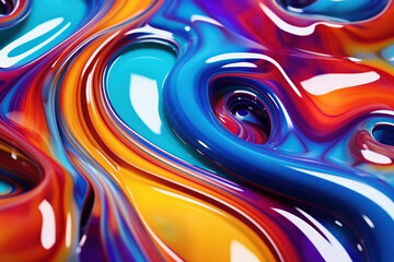 Iridescent liquid metal surface. 3d background. Abstract futuristic background. Fluid neon backdrop. Ultraviolet viscous substance. Generative Ai