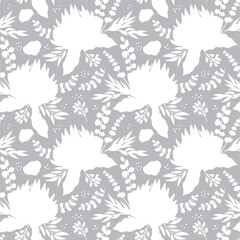seamless pattern with white abstract protea flowers. Monochrome tropical floral background.