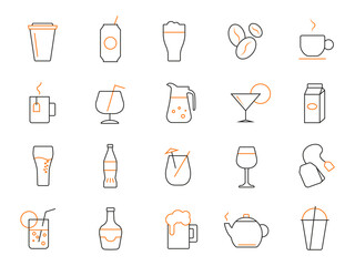 Drink. A set of beverage icons. Linear style. Vector image. - obrazy, fototapety, plakaty