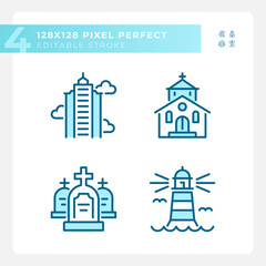 Naklejka premium Blue icons set representing various buildings, editable thin line illustration.
