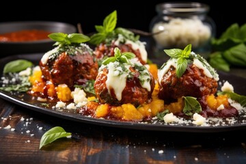 meatballs garnished with fresh basil and cheese