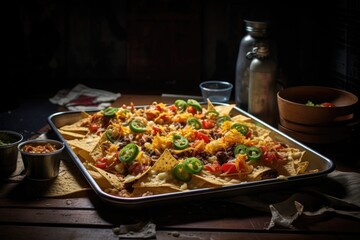 nachos on baking tray before going into oven