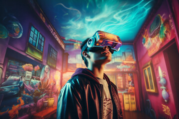 Obraz premium User immersed in augmented reality environment wearing a VR headset