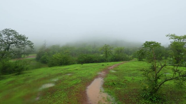 4K moving shot of hiking trail of Sahyadri mountain during a rainy day. Raining in forest. Hiking during monsoon in western ghat, India.