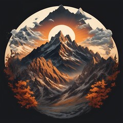 mountains, sun, hills, trees t-shirt style landscape generated ai
