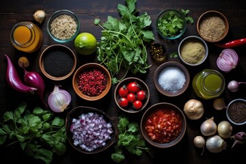 Obraz na płótnie Canvas aerial view of salsa making ingredients neatly organized