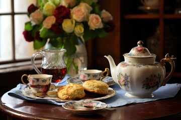Fototapeta premium scones and tea set on a cozy table setting