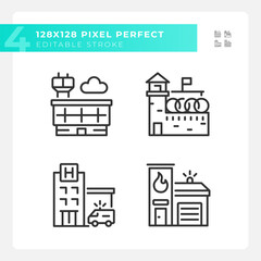 2D pixel perfect black linear icons set representing various buildings, editable thin line illustration.