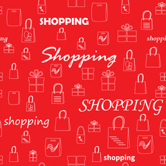decorative vector seamless pattern - white silhouettes of shopping bags and boxes on red background