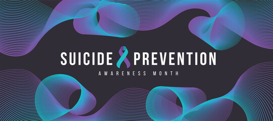 Suicide prevention awareness month text and ribbon sign on abstract lines Teal purple curve blend around on black background vector design