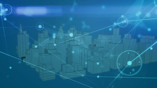 Animation of illuminated connected dots and 3d model of cityscape over blue background