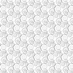 Black spirals on a white background. Contour drawing. Seamless pattern. Rapport with displacement. Abstract black and white ornament. Background for paper, cover, fabric, interior decor.