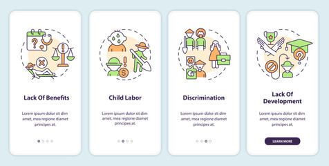 Labor problems in agriculture onboarding mobile app screen. Social issue walkthrough 4 steps editable graphic instructions with linear concepts. UI, UX template. Myriad Pro-Bold, Regular fonts used