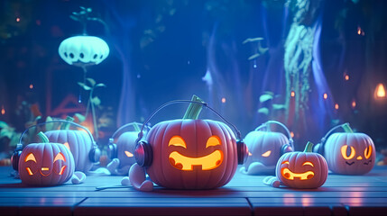 Illustration of fairy pumpkins in headphones. Halloween concept
