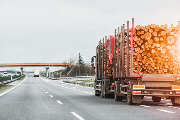 Timber Truck Transporting Logs. Exporting Wood on a Highway with a Trailer Full of Logs. A truck is...
