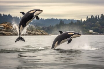 Obraz premium sealions leaping out of water to escape orca pursuit