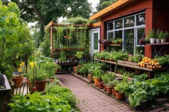 self-sufficient garden with various vegetables and herbs