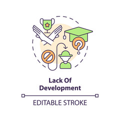Lack of development multi color concept icon. Limited access to training. Job skills. Manual worker. Farm industry. Round shape line illustration. Abstract idea. Graphic design. Easy to use