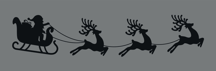 Santa Claus on a sleigh with reindeer. Black silhouette. Vector on gray background
