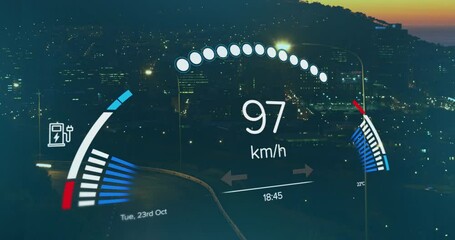 Animation of changing numbers in speedometer time-lapse of moving vehicles and silhouette of city - Powered by Adobe