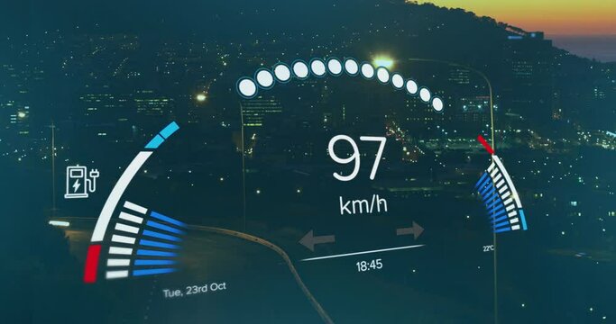 Animation of changing numbers in speedometer time-lapse of moving vehicles and silhouette of city