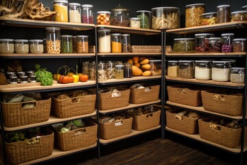 organized pantry shelves with labeled baskets
