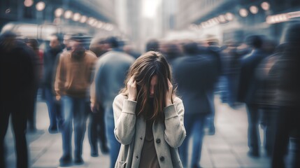 The concept of depression, featuring a young girl in a state of despair, hiding her face with her hands, symbolizing emotional pain, sadness, and isolation. Generative AI