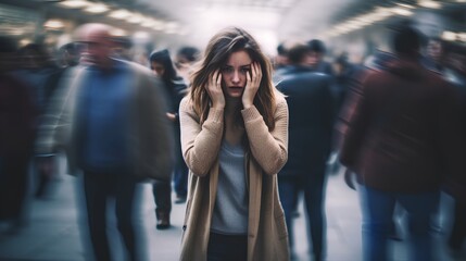 The concept of depression, featuring a young girl in a state of despair, hiding her face with her hands, symbolizing emotional pain, sadness, and isolation. Generative AI