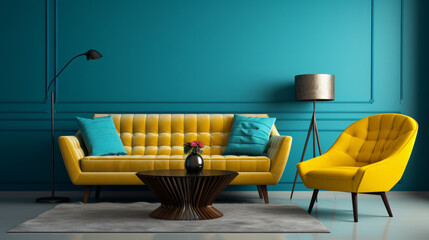 Teal sofa and yellow accent chair