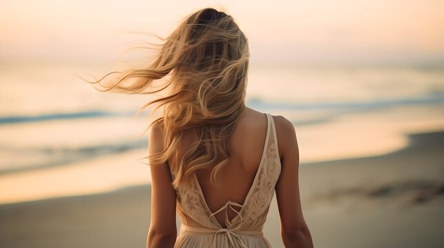 Back view of beautiful young woman in summer dress standing on sandy beach. Pretty woman enjoy her tropical sea on relax holiday vacation during summer time and sunshine day