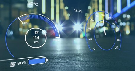 Animation of changing numbers and speedometer, battery icon, blurred moving vehicle on street
