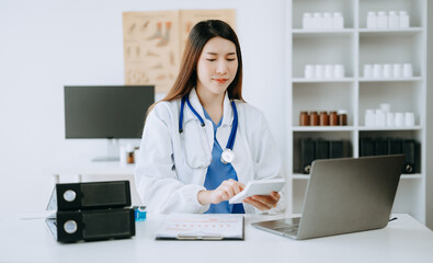 Medicine doctor hand working with modern digital tablet computer interface as medical network concept