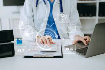 health care business graph data and growth, Medical examination and doctor analyzing medical report network connection on tablet screen. .