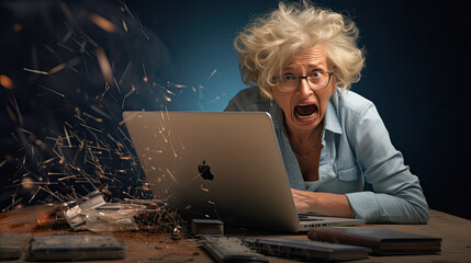 woman semi retired person, slumped over a compter frustrated by tech problems they cant solve, funny frustrated angry expression on face