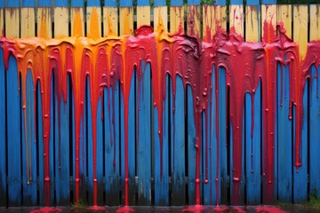 Obraz premium vibrant paint dripping down a fences wooden boards