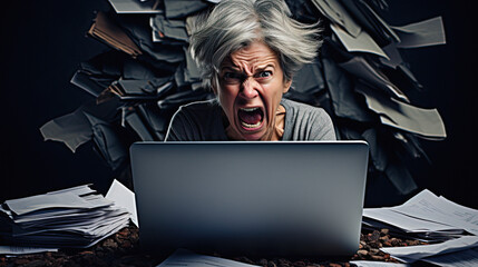 woman semi retired person, slumped over a compter frustrated by tech problems they cant solve, funny frustrated angry expression on face - obrazy, fototapety, plakaty