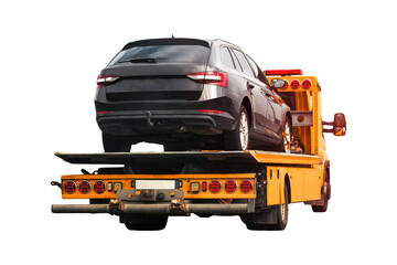 Isolated tow truck. the Tow truck with the broken family car on the road. Car service...