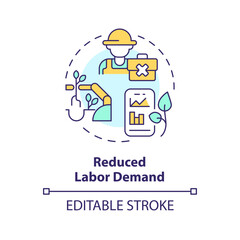 Reduced labor demand multi color concept icon. Automation technology. Agriculture business. Manual worker. Farm industry. Round shape line illustration. Abstract idea. Graphic design. Easy to use