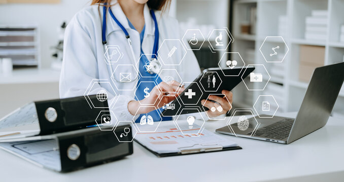 health care business graph data and growth, Medical examination and doctor analyzing medical report network connection on tablet screen. .