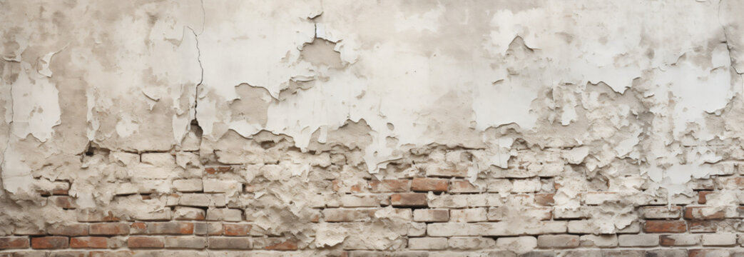 Texture of old brick wall and cracked stucco of white