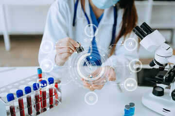 DNA molecule testing concepts. The doctor in a mask examines DNA molecules on the chemical laboratory with vr icon...