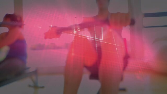 Animation of heart rhythm over blurred caucasian man performing seated row cable in gym