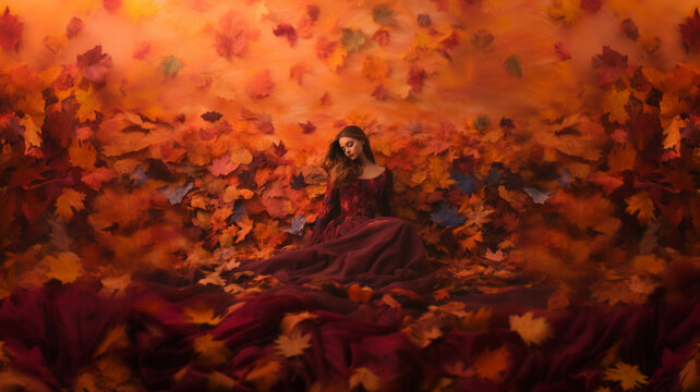 紅葉と目を閉じた女性 秋 メープル | autumn leaves, Generative AI